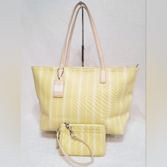 Coach 23108 Legacy Weekend Ticking Stripe Coated Canvas Yellow Tote & Wristlet - Picture 1 of 15